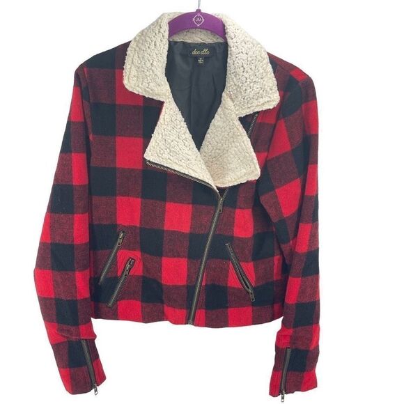Dee Elle Vintage Red Buffalo Plaid Sherpa moto Jacket angle zip Medium - Picture 6 of 9